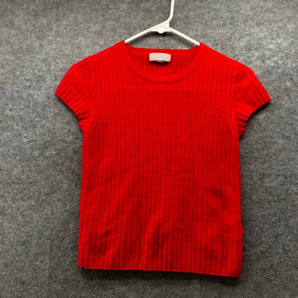 J Crew 100% Cashmere Short Sleeve Cherry Red Sweater Womens S Ribbed Crewneck